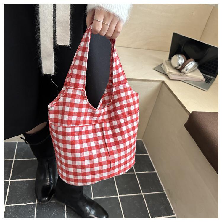 Retro Korean Plaid Large Capacity Canvas Tote Bag - Early Spring 2026 Edition