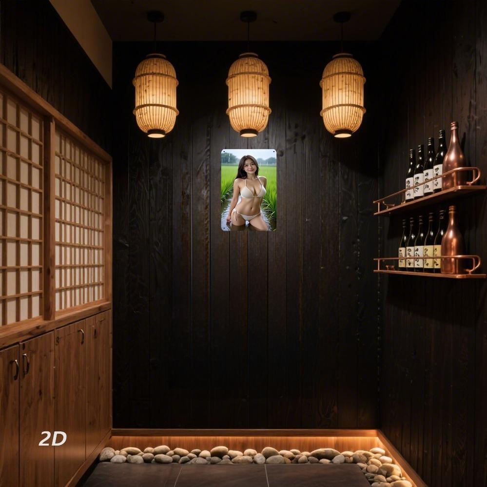 Vintage Japanese Bikini Metal Sign - 8x12 Inch Glossy Wall Decor for Home Cafe - Adhesive/Screw Hanging Minimalist Retro Female