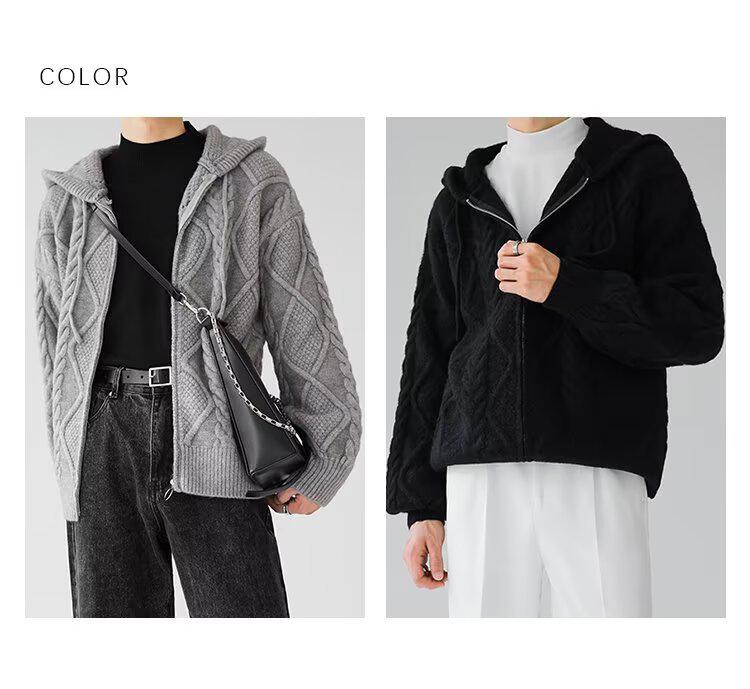 Men's Retro Cable Knit Hooded Cardigan - Autumn/Winter Thick, Trendy Loose Fit Outerwear