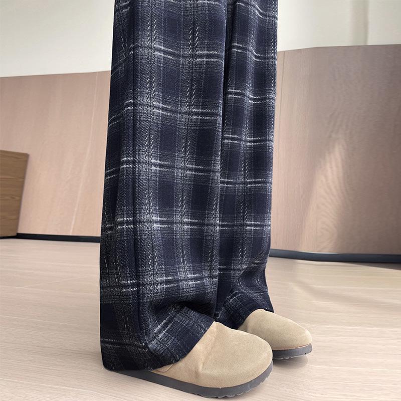 Women's Retro Plaid Woollen Trousers - New for 2026, Autumn/Winter Collection, Narrow Fit, Plus Size, Slimming Wide Leg Pants