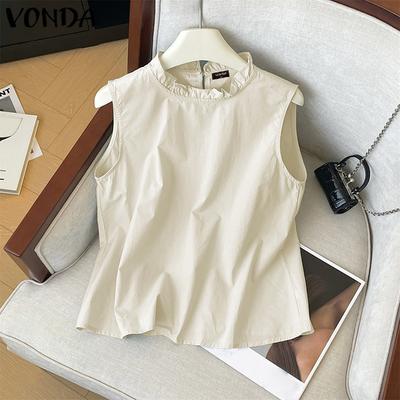 Women Summer Ruffled Neck Sleeveless Solid Color Casual Tank Tops