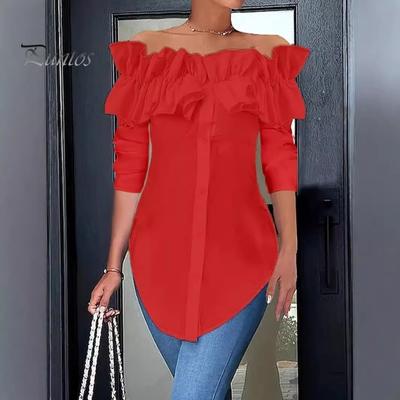 Damen-Shirt, schulterfrei, Rüschennähte, langärmelig, Oberteile, einfarbig, einreihig, lässiges Hemd