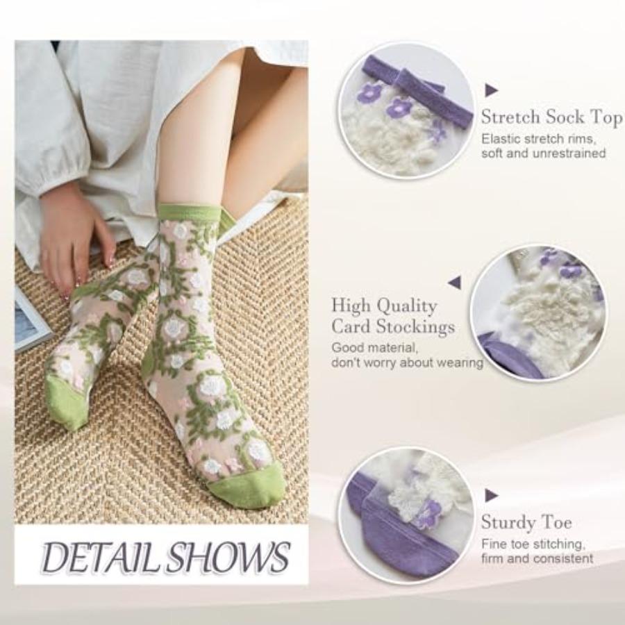 Womens Floral Sheer Socks Summer Thin Mesh Ankle Transparent Crystal Glass Silk Socks Cottagecore Elastic See Through Sock