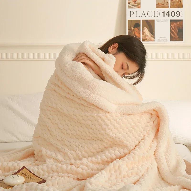 Fleece Autumn Winter Warm Blankets for Beds Sofa Soft Skin Friendly Faux Lambswool Blanket Flocked Comforter