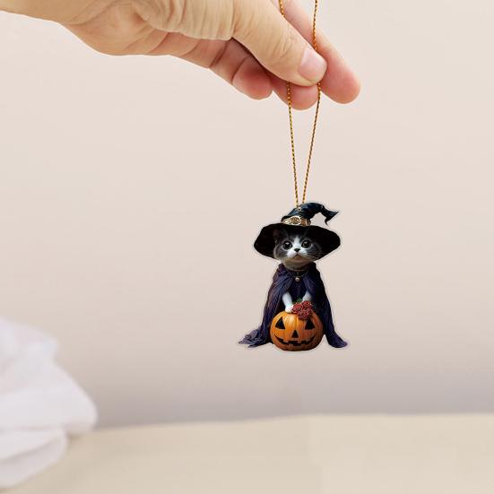 Halloween Cat Ornament Cute Cat with Witch Hat Pumpkin/Skull Hanging Decoration 2D Flat Acrylic Car Rearview Mirror Charm Christmas Tree Decoration