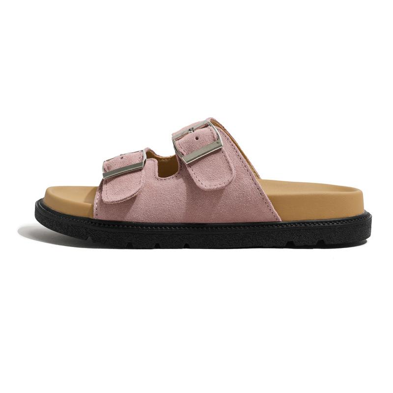 Leather Boken slippers women's sandals outside Texas holiday~ retro thick-soled double buckle with soft bottom stepping on shit slippers