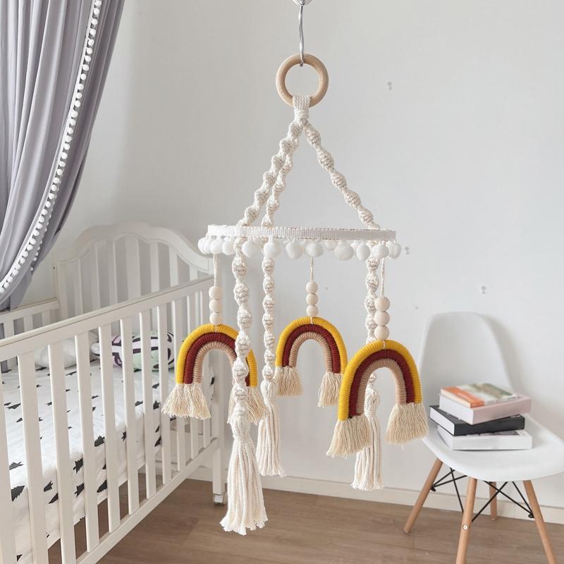Holz Boho Baby Stubenwagen Hängespielzeug Anhänger Baumwolle Babybett Mobile Regenbogen Kinderbett Mobile für Babyzimmer Deckendekoration
