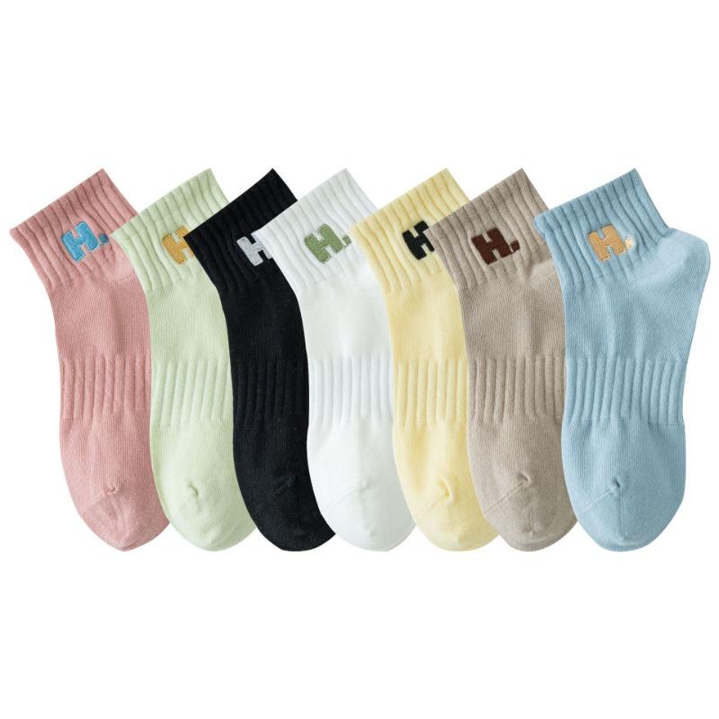 5 Pairs of Women's Spring and Autumn Cotton Short Tube Embroidery Sports Boat Socks