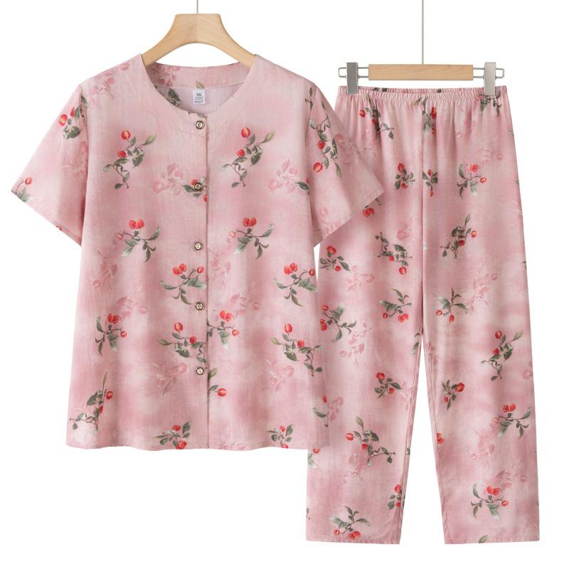 

Mama s Summer Short Sleeve Cardigan Set: Comfortable Button-Up Two-Piece for Women and Grandmas XL (85-105 jin)