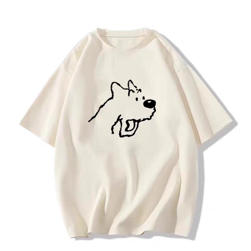 Women's Summer 2025 Gray Loose-Fit Puppy T-shirt - Cute Short Sleeve Pure Cotton