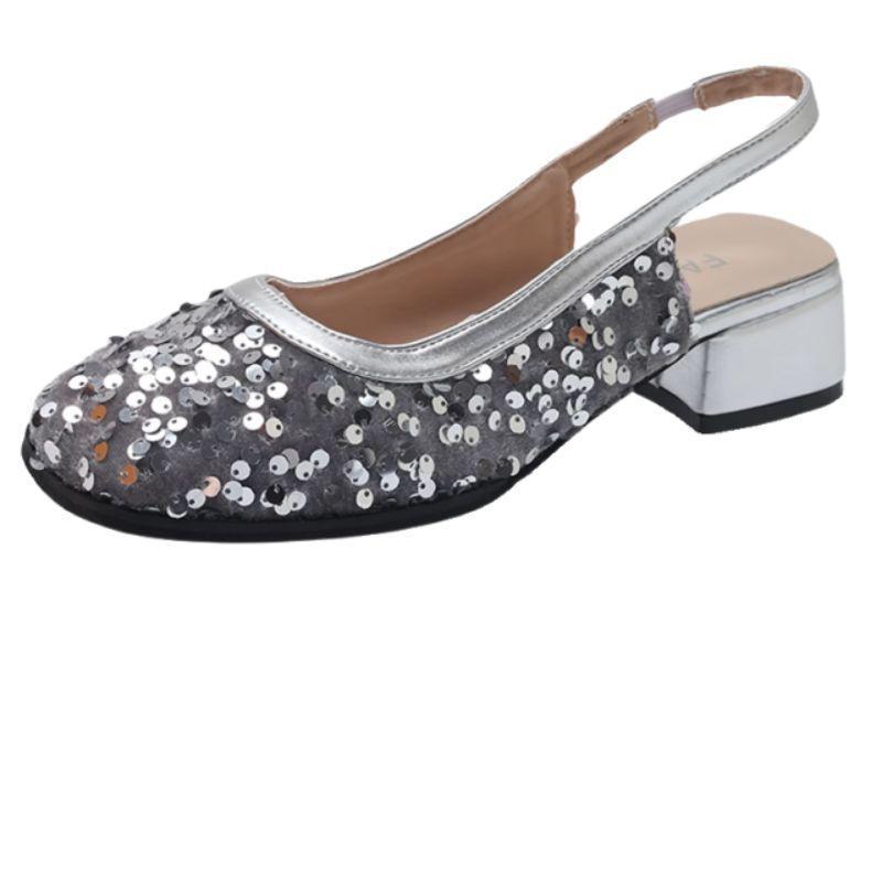 French Bag Head Shallow Mouth Mary Jane Shoes 2025 New Sequined Fairy Style Thick Heel Pedal Sequined Cool Slippers Woman