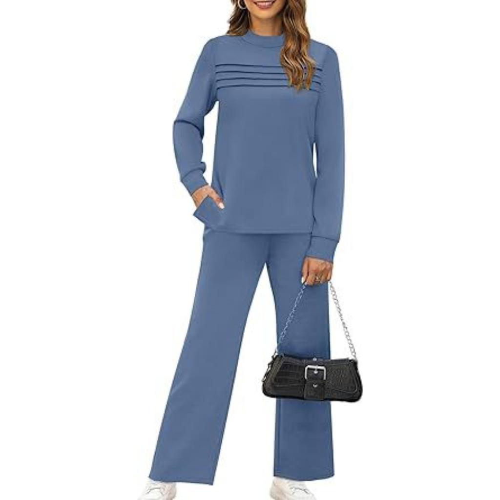 Ensemble de détente ample pour femme Sweatshirt rayé à manches longues et col rond Pantalon large à cordon de serrage