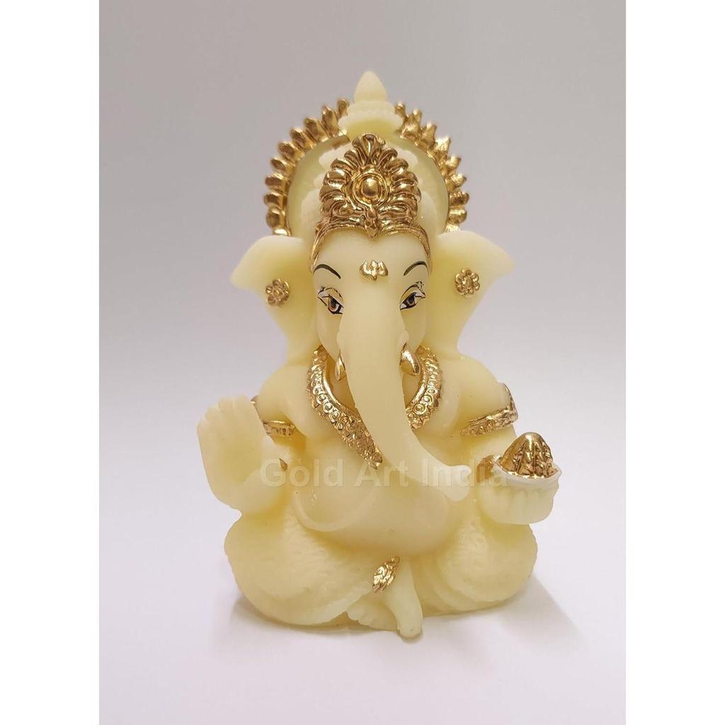 Resin Ivory Finish With Gold Color Ganesh Idol For Car Dashboard God Ganesha Idol For Home Decor