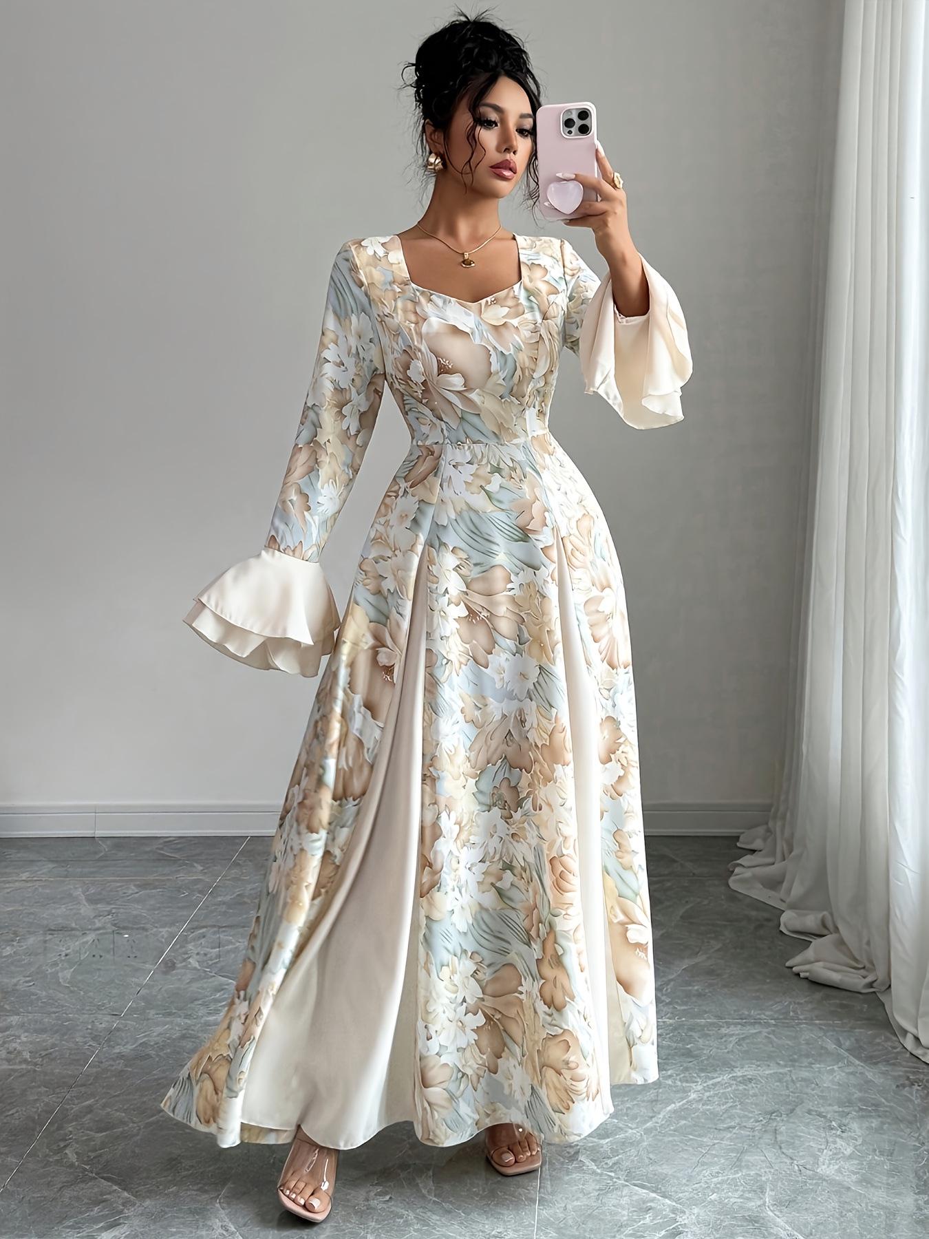 

Elegant Floral Square Neck Flared Sleeve Dress with Slimming Waist and Volume Hem Large квітковий/абрикосовий
