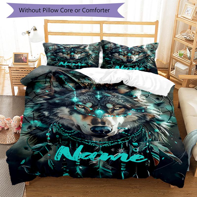 3pcs Custom Name Wolf Bedding Set Duvet Cover Closure Includes 1 Duvet Cover & 2 Pillowcases, Soft and Comfortable for All Seasons.