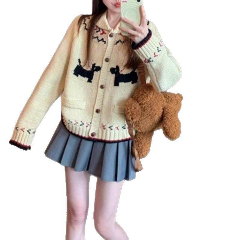 Women's Retro Fair Isle Dog Knit Cardigan - Loose, Lazy Style for Autumn/Winter 2026