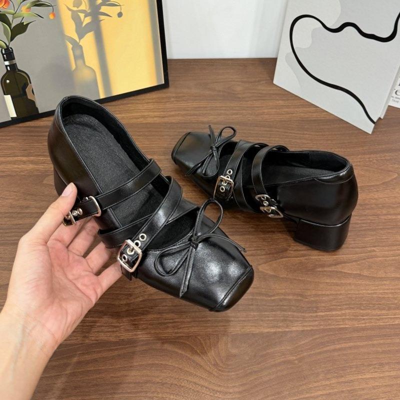 Fashion Silver Soft Leather Single Shoes Women's Design Sense Square Toe Mary Jane Shoes 2025 New Bow Shallow Heels