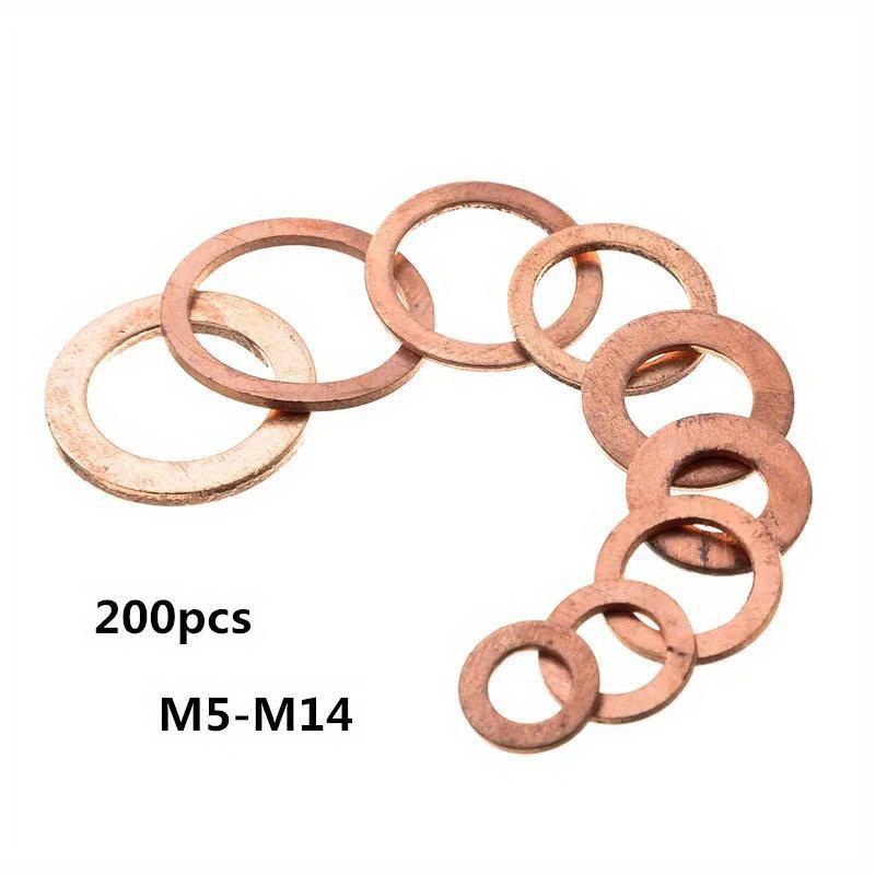 200Pcs Copper Washer Gasket Nut and Bolt Set Flat Ring Seal Assortment Kit with Box M5-M14 for Sump Plugs