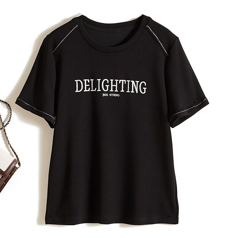 

Embroidered English Words! Capable Women s round Neck Bright Line Pullover ICE Cotton Short Sleeve T-shirt Amoi Non-Stick Clothes Black L