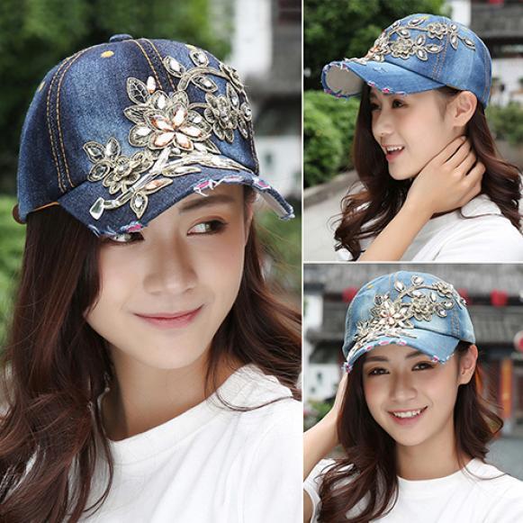 Women's Embossing Flower Denim Baseball Summer Rhinestone Inlaid Jeans Hat