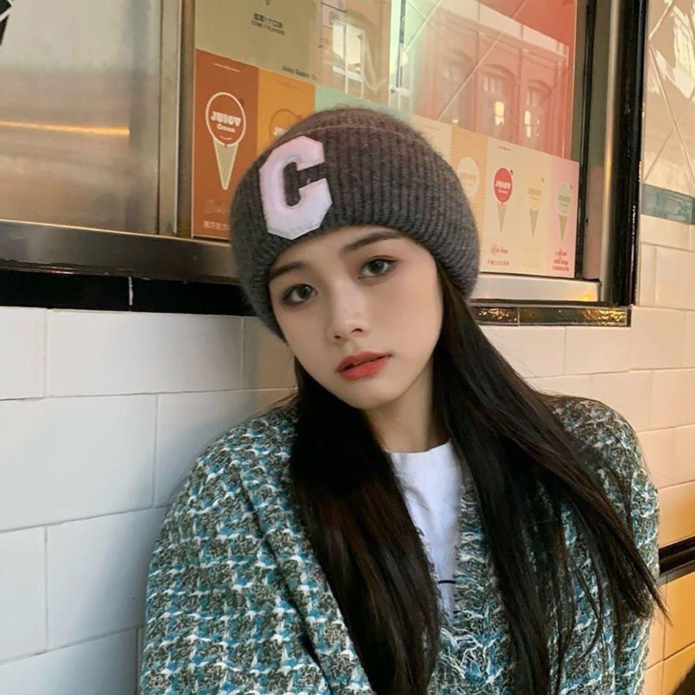 Knit Beanie Hat Angora Rabbit Hair Double Fold Letter C Rhinestone Winter Warm Soft Conical Skullcap Women