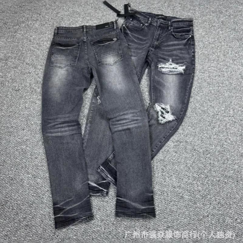 AM Jeans Men's and Women's High Waist Straight Elastic Denim Washed Ripped Slim Trousers Casual Versatile