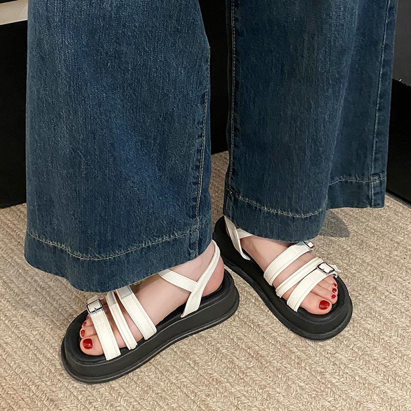Fashion Fashion Simple and Versatile Platform Belt Buckle Sandals Women's Summer New Round Toe Metal Buckle Heightened Roman Shoes