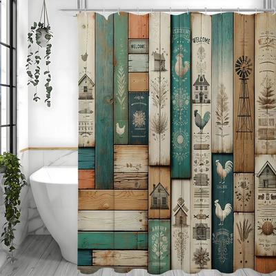 Rustic Theme Faux Wooden Paneled Chicken House Tree Shower Curtain, Bathroom Decorative Shower Curtain, Waterproof Shower Curtai