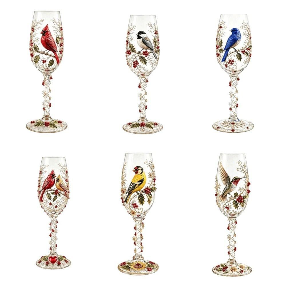 2D Printing Pattern Christmas Wine Glass Red Berries Xmas Bird Cup Bird Glass Goblet Party