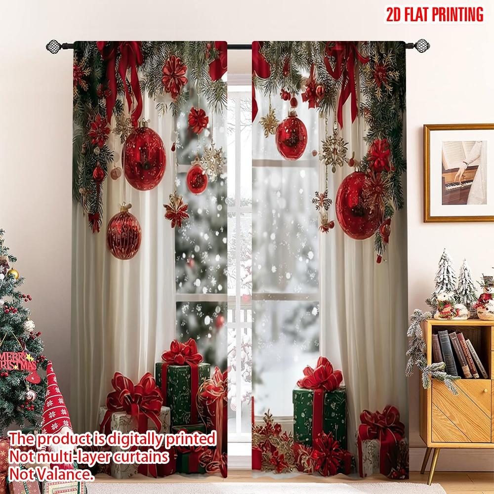 

2pcs 2D flat printing Merry Christmas Trendy Curtains Gift Ball Snowflake Bow Winter Scene Red and Green scopic and stylish 100% 100*130 Rod Pocket 1pcs