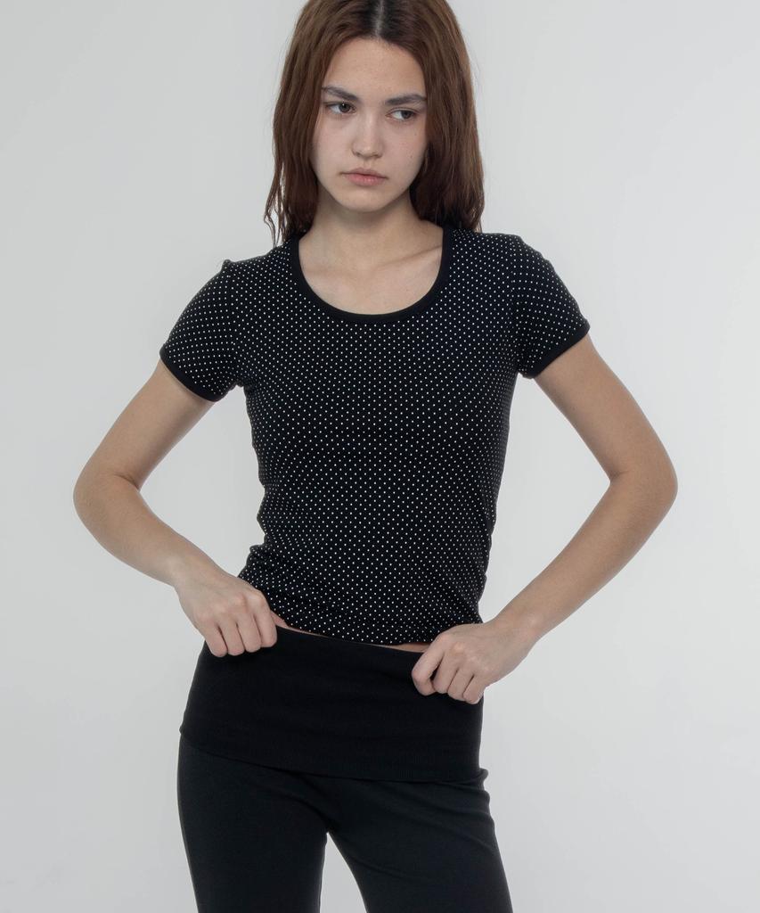 CHICKS Round Neck Cap Sleeve Dot Slim Fit Short Sleeve T-Shirt Black