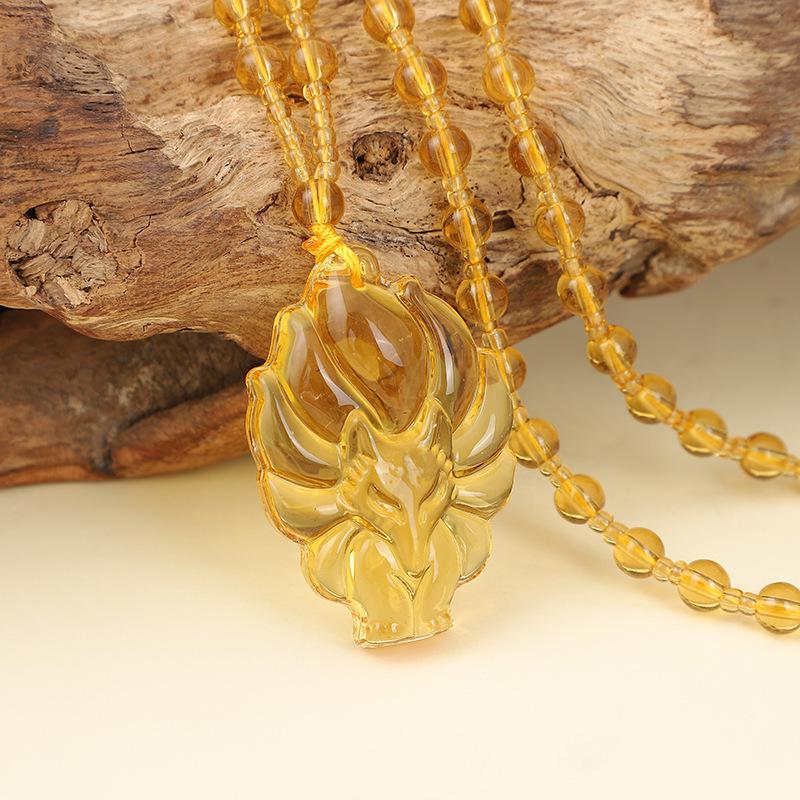 Medium Long Pink Crystal Nine-Tailed Fox Necklace with Green Chalcedony Jade Pendant