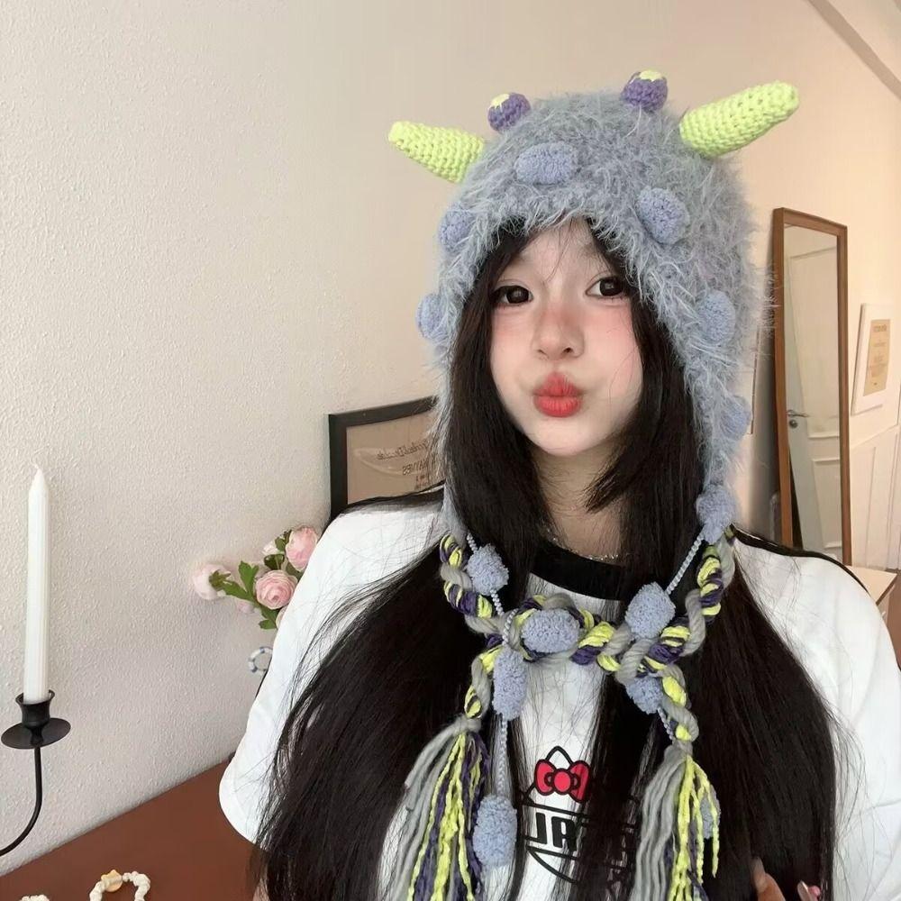Knit Cleat Plush Beanies Hat Earflap Tassels Hat Cute Alpaca Fiber Pullover Cap Outdoor