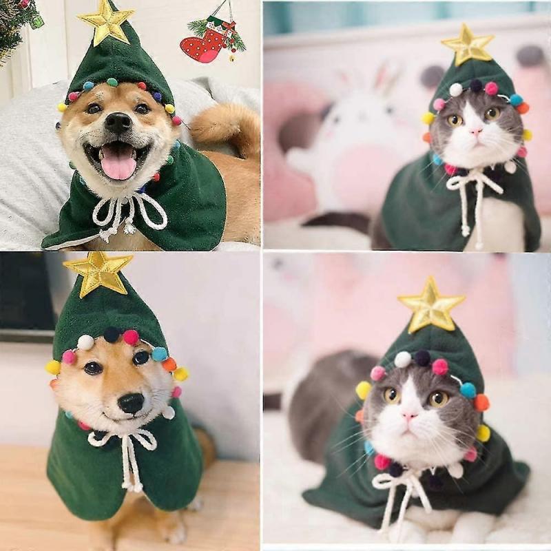 Pet Christmas Costume Puppy Xmas Cloak With Star And Pompoms Cat Santa Cape With Santa Hat Party  Small To Medium Sized Dog