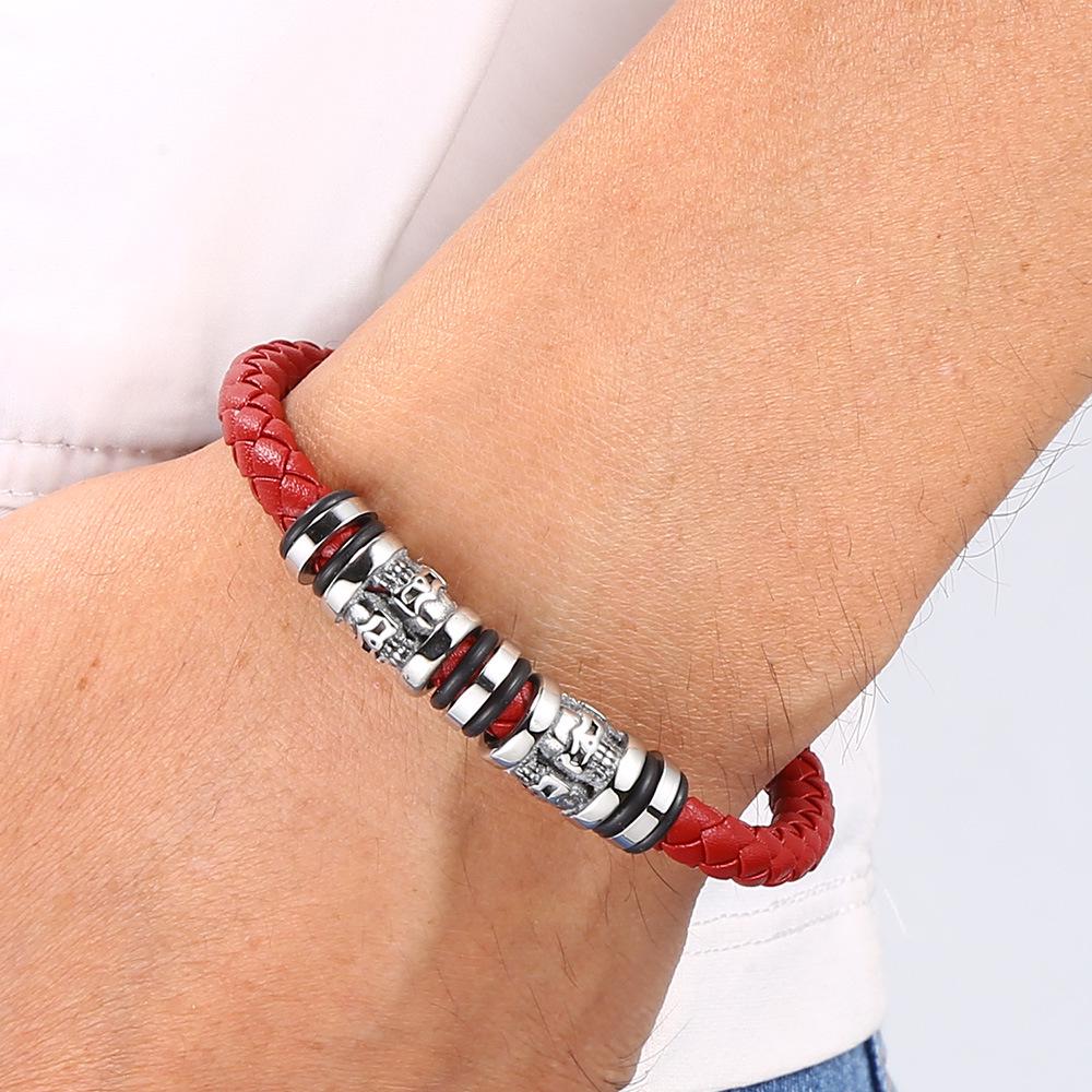 Cross-Border Stainless Steel Skull Leather Bracelet with Magnetic Buckle - Punk Hip Hop Style
