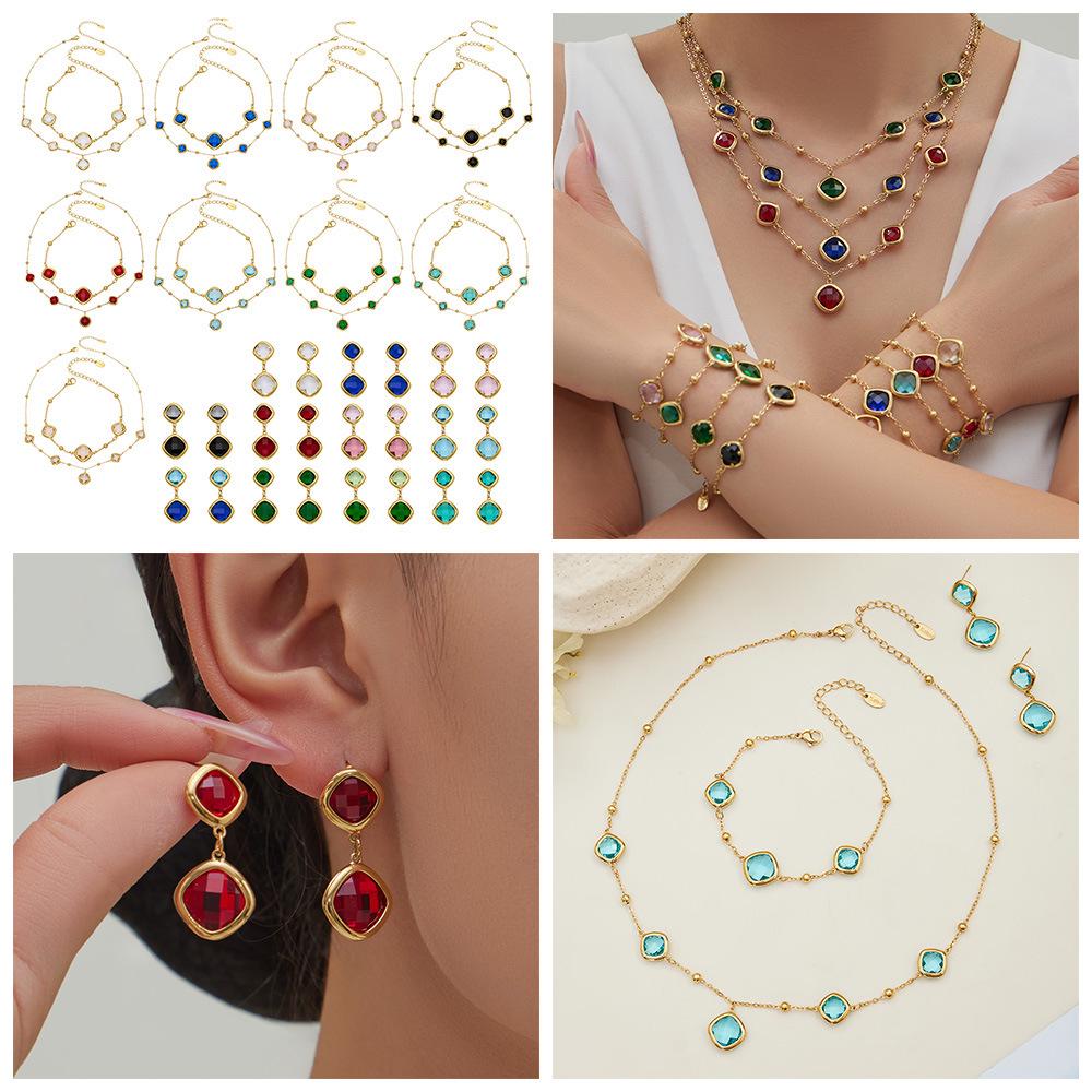 Geometric Glass Stone Earrings & Stainless Steel Bead Necklace Bracelet Set - Multi-color Patchwork Jewelry