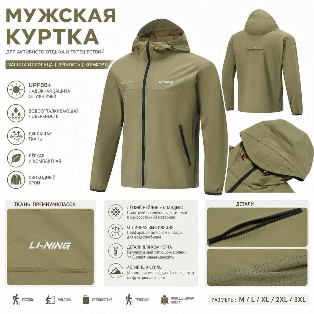 Li Ning Ice Sand UV Protection Water Resistant Breathable Windproof Outdoor Casual Hoodie Men Outerwear Military-Green AFDU677-2