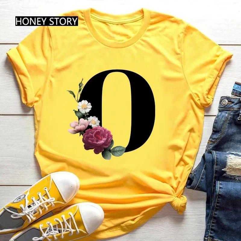 Women's Summer Short Sleeve T-Shirts Fashionable Casual Round Neck 26 English Letters Flower & Name Letter Printed Cotton T-shirts