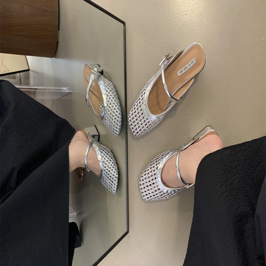 2025 new hollow woven bag head slippers women's low-heeled cool slippers one word with thick heel large size half-drag sandals women