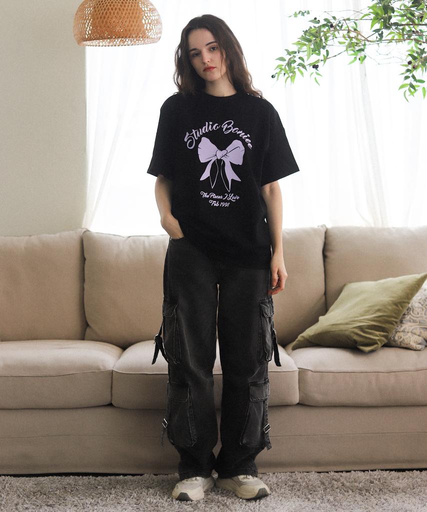 BONIEE Ribbon Graphic Loose Oversized T-Shirt Black