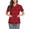 Women's Cute Bow Printed Work Clothes V-neck Double Layer Pockets Basic Short Sleeve Top Pullover