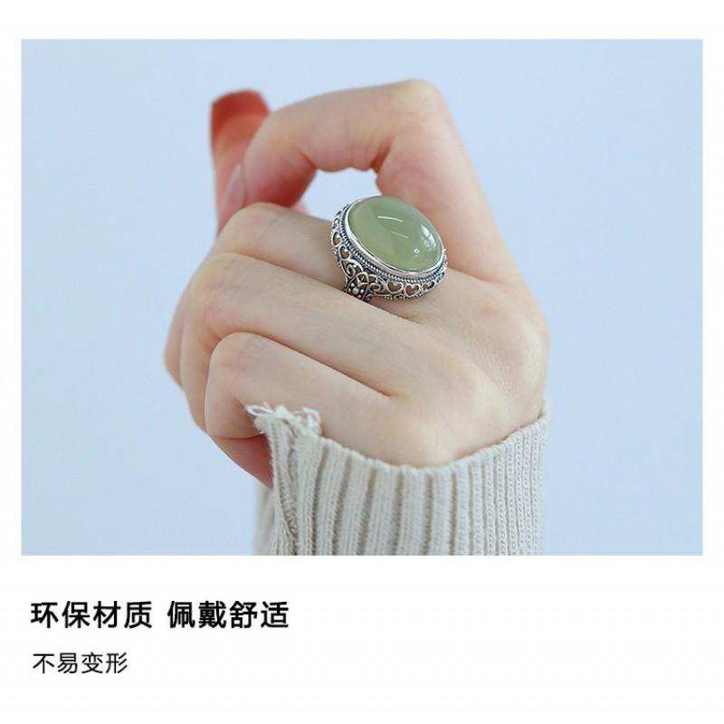 Adjustable Open Ring Women Men Vintage Chinese Style Hollow Oval Jade Inlay Bohemian Ethnic Minimalist Statement Jewelry