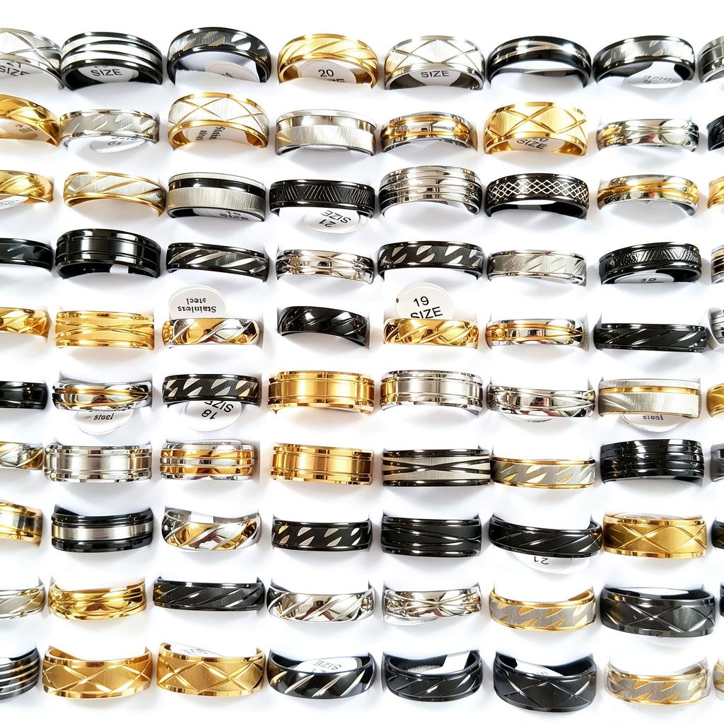 10Pcs Stainless steel engraved textured ring - simple men's or women's plain ring jewelry accessory