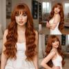 Premium Red-Brown Long Curly Wig with Bangs for Women - Synthetic Fiber, Full Head Cover, Daily or Cosplay Use.