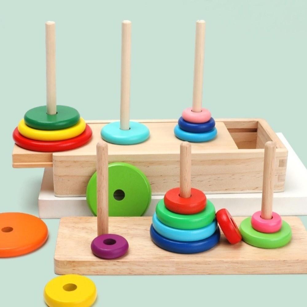 Rainbow Colors Wooden Puzzle Stack Tower 10 Rings Logic Puzzle  Parent-child Interaction