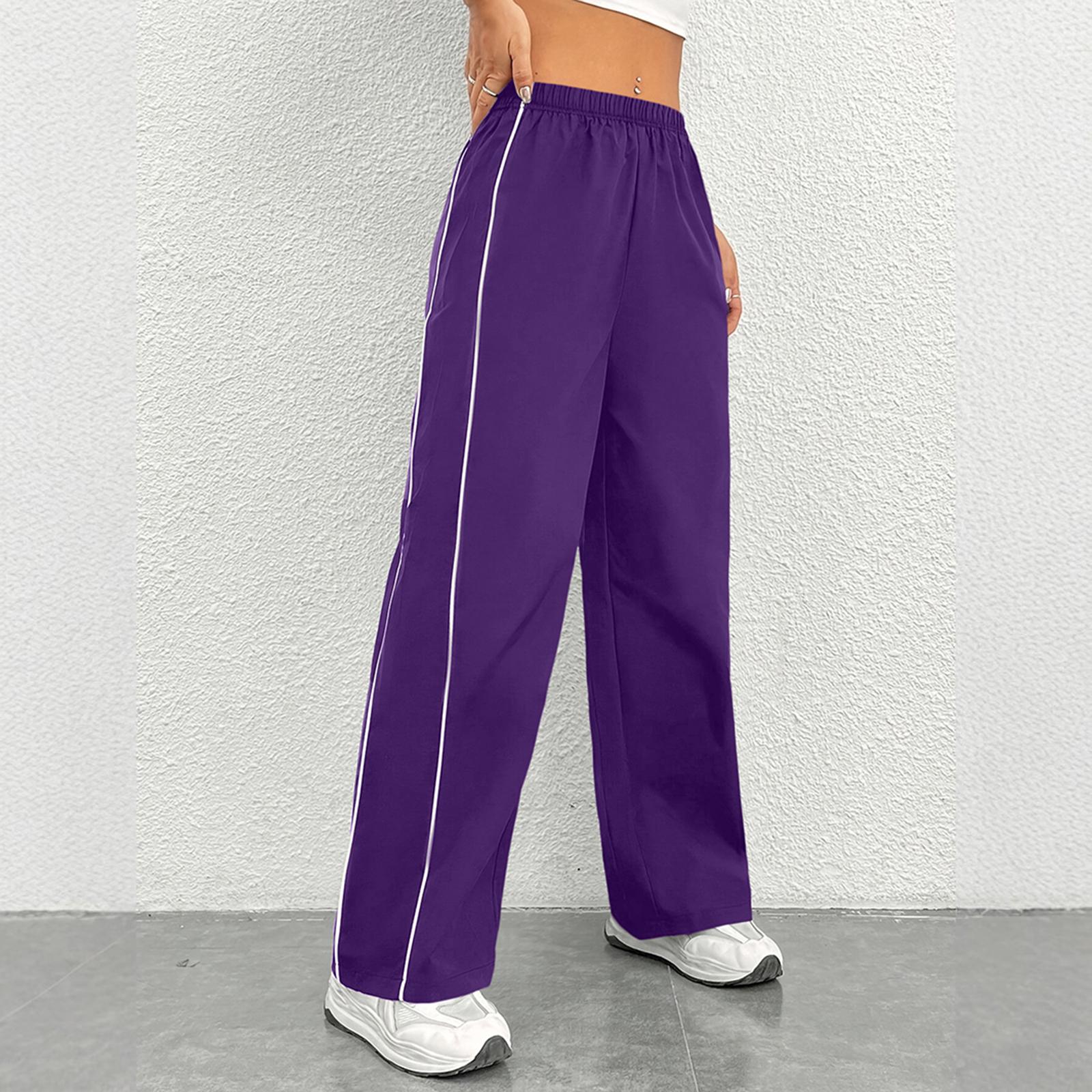 

Women Elastic Waist Loose Fit High Waist Straight Leg Pants with Pockets Casual Sporty Lounge Trousers for Everyday Wear M фіолетовий