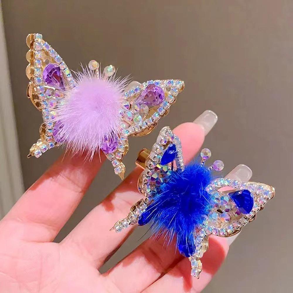 2 Pcs Butterfly Hair Clips Colorful Shiny Flying Butterfly Hairpin with Soft Hairball for Girls