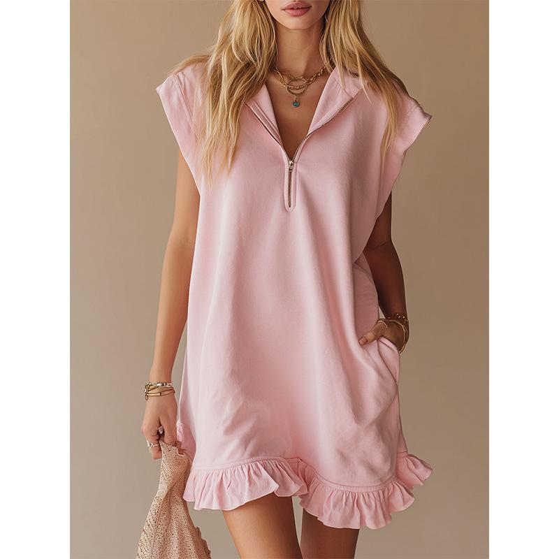 Women's Sleeveless Utility Pocket Dress V-Neck Zip Front A-Line Flowy Midi