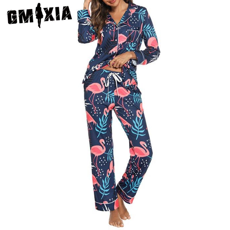 

GMXIA Домашняя одежда Пижама Женский Весенне-летний Кардиган с длинными рукавами Комплект из двух предметов XXL тёмно-синий/розовый