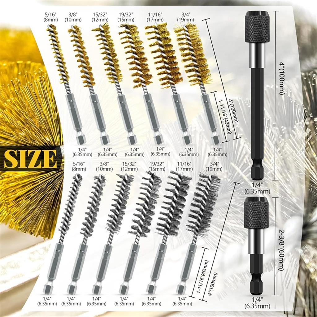2025+ 14-Piece Bore Brush Set 1/4" Hex Shank with Extension Bar for Power Drills,Impact Drivers,Grinders (8/10/12/15/17/19 mm)